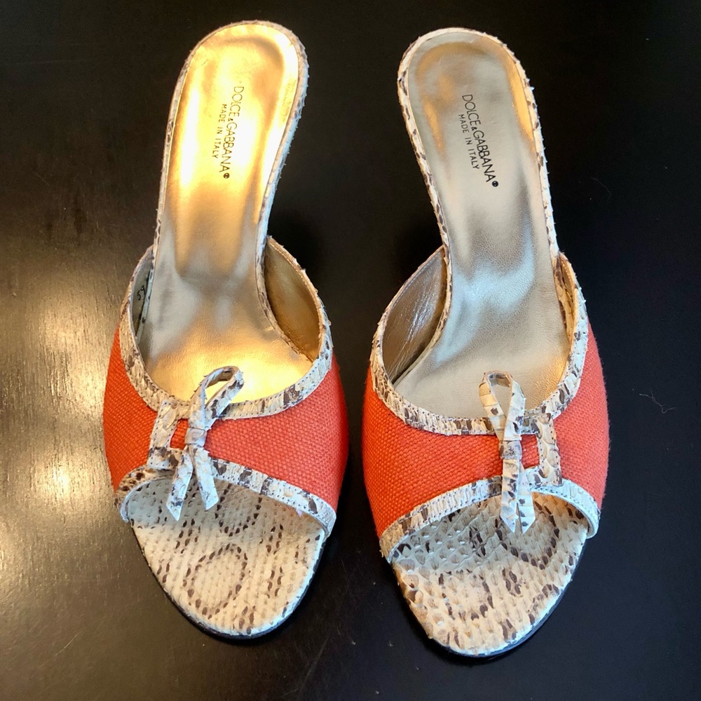 Dolce & Gabbana Vibrant Orange and Snakeskin Peep Toe Mule